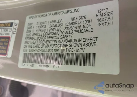 2018 Honda Cr-V Ex из США, поврежденный, VIN 5J6RW2H50JL004108